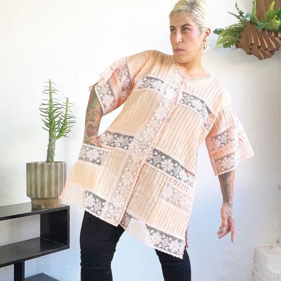 PINTUCKED 70’s 70s Vintage PEACH LACE MEXICAN Tunic Swim Cover Top Blouse Xl XXL - Picture 3 of 10